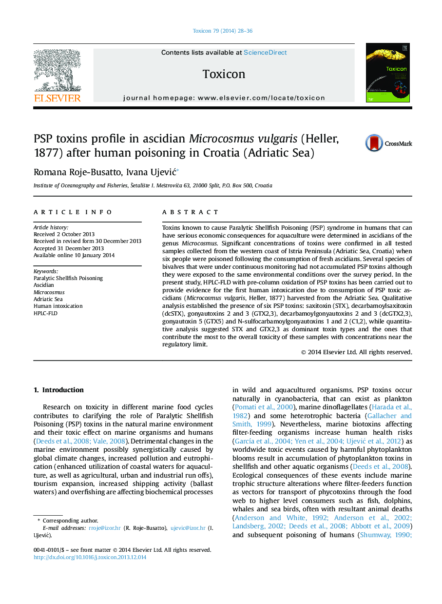 PSP toxins profile in ascidian Microcosmus vulgaris (Heller, 1877) after human poisoning in Croatia (Adriatic Sea)