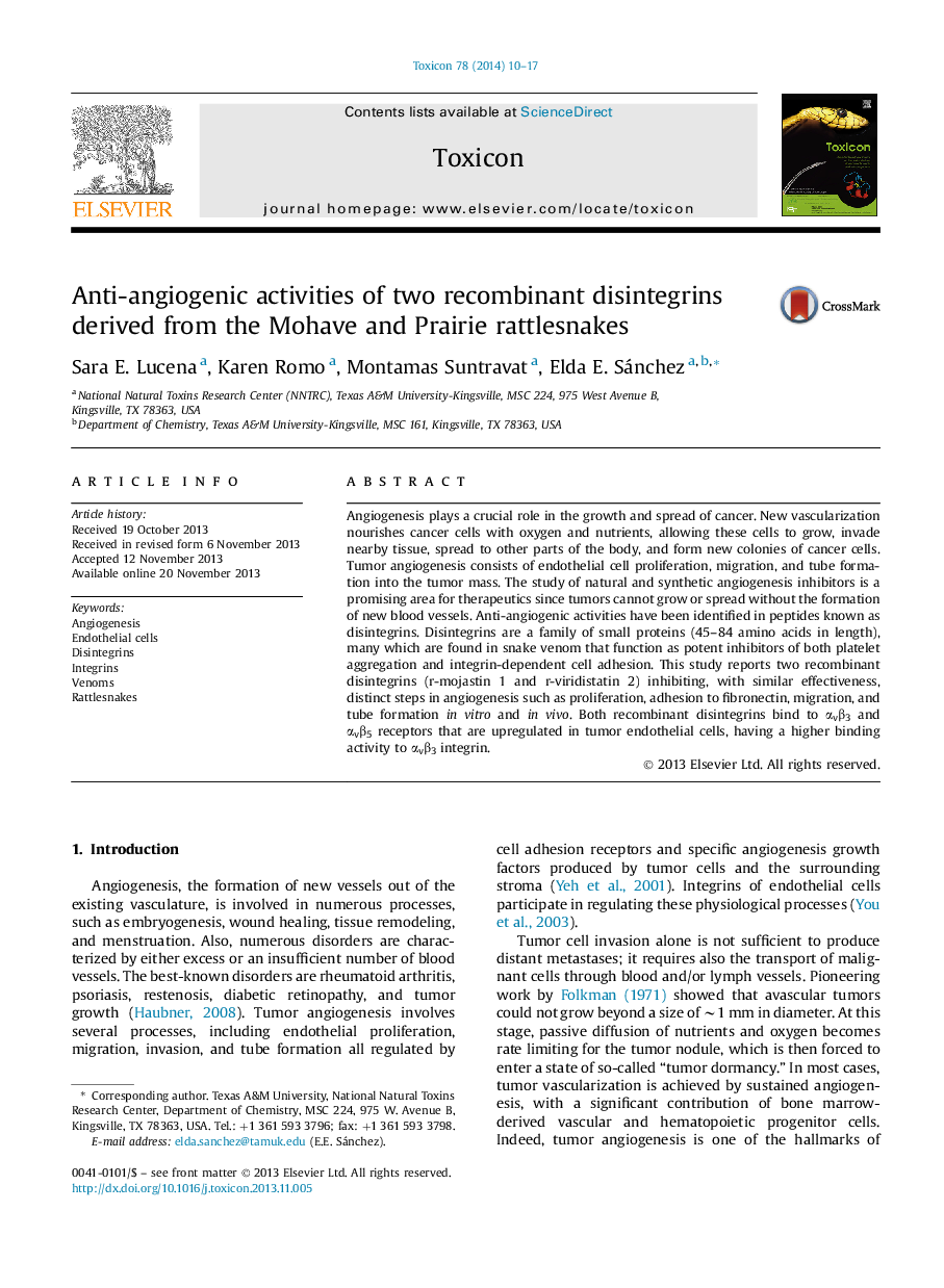 Anti-angiogenic activities of two recombinant disintegrins derived from the Mohave and Prairie rattlesnakes