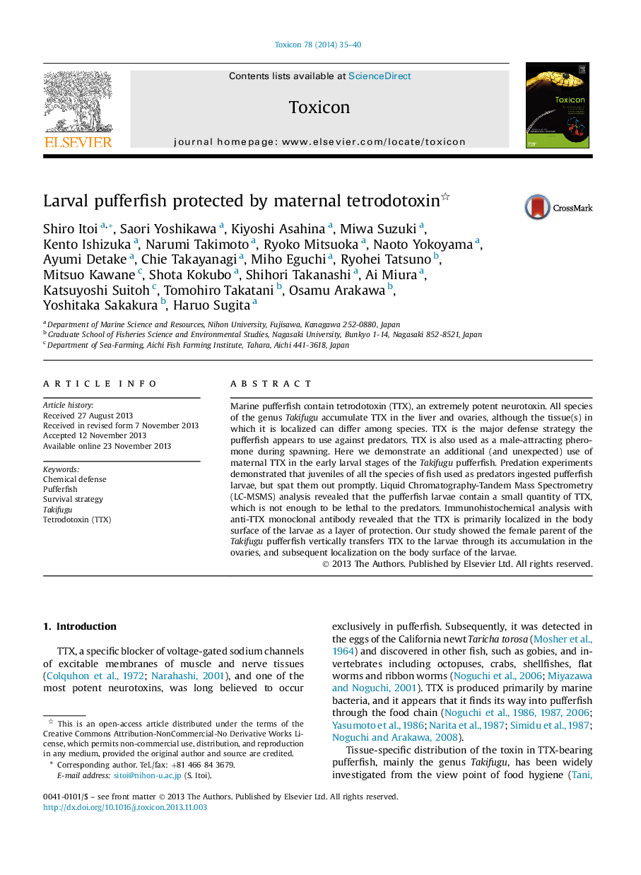 Larval pufferfish protected by maternal tetrodotoxin