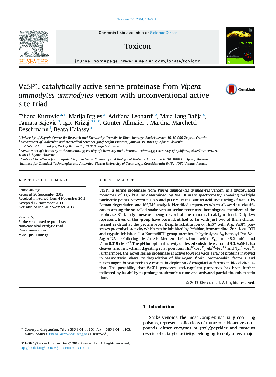 VaSP1, catalytically active serine proteinase from Vipera ammodytes ammodytes venom with unconventional active site triad