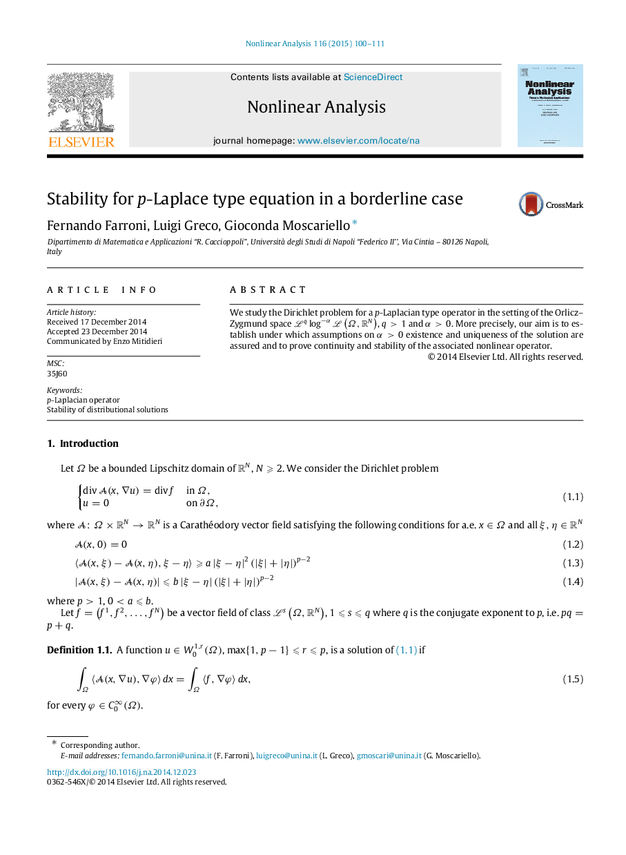 Stability for pp-Laplace type equation in a borderline case