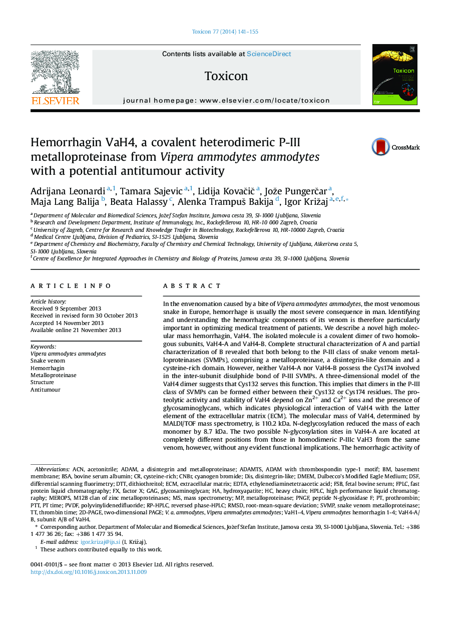 Hemorrhagin VaH4, a covalent heterodimeric P-III metalloproteinase from Vipera ammodytes ammodytes with a potential antitumour activity