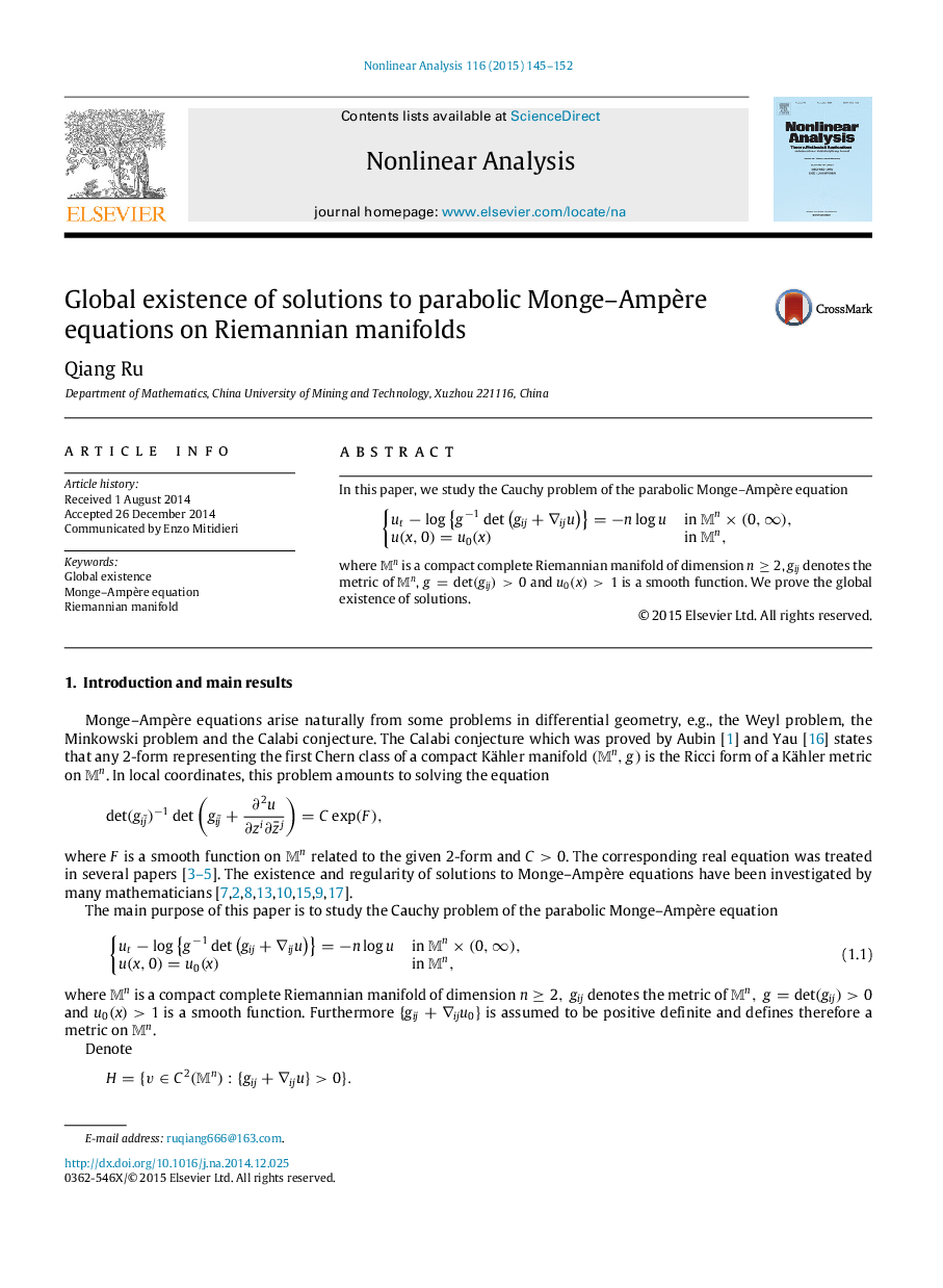 Global existence of solutions to parabolic Monge–Ampère equations on Riemannian manifolds