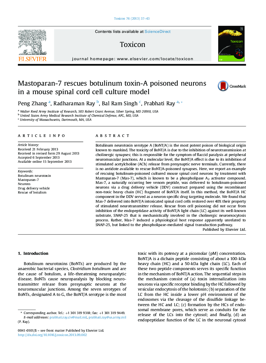 Mastoparan-7 rescues botulinum toxin-A poisoned neurons in a mouse spinal cord cell culture model