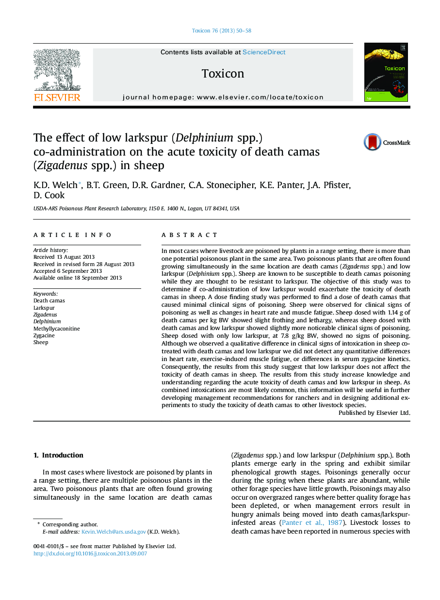 The effect of low larkspur (Delphinium spp.) co-administration on the acute toxicity of death camas (Zigadenus spp.) in sheep