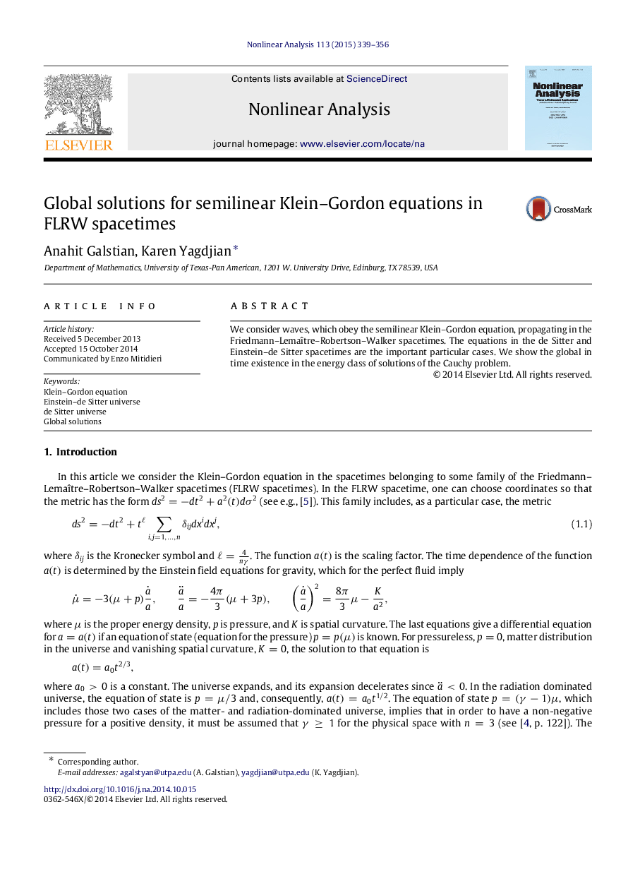 Global solutions for semilinear Klein–Gordon equations in FLRW spacetimes