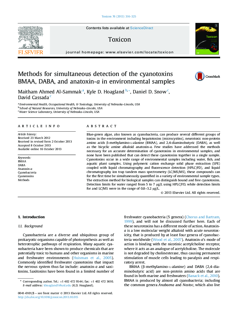 Methods for simultaneous detection of the cyanotoxins BMAA, DABA, and anatoxin-a in environmental samples