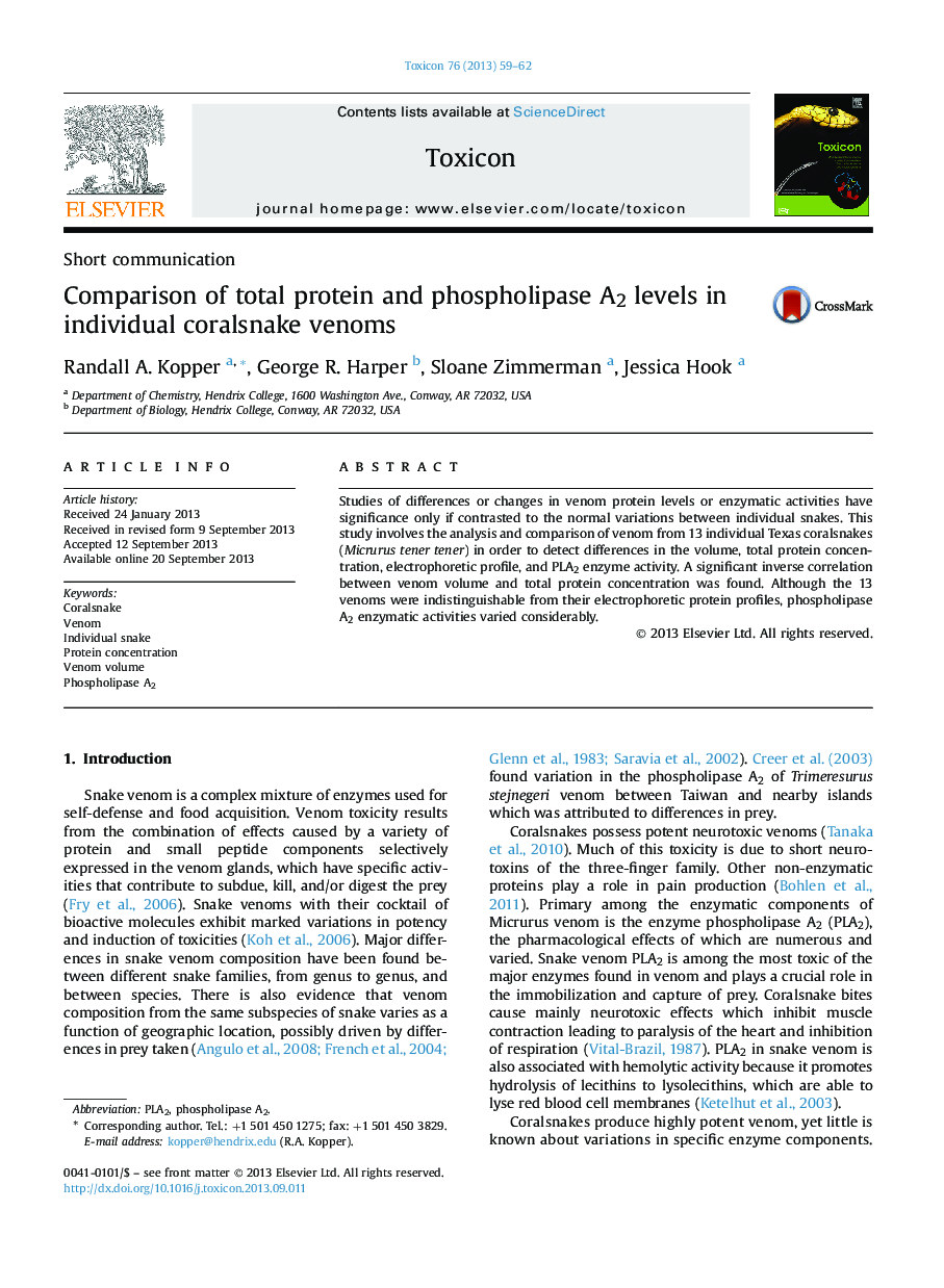 Comparison of total protein and phospholipase A2 levels in individual coralsnake venoms