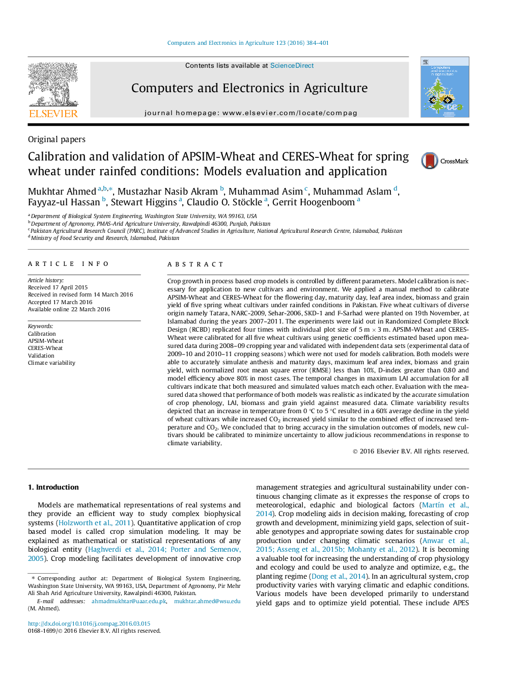 Calibration and validation of APSIM-Wheat and CERES-Wheat for spring wheat under rainfed conditions: Models evaluation and application