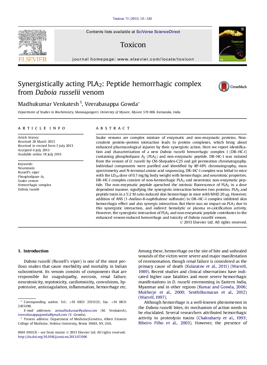 Synergistically acting PLA2: Peptide hemorrhagic complex from Daboia russelii venom