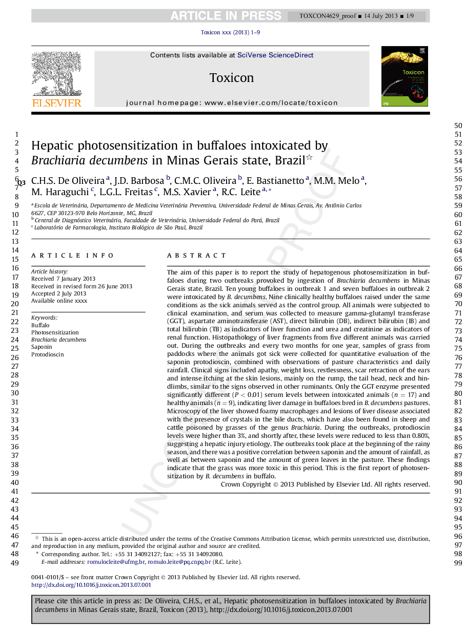 Hepatic photosensitization in buffaloes intoxicated by Brachiaria decumbens in Minas Gerais state, Brazil