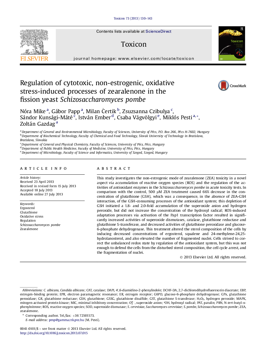 Regulation of cytotoxic, non-estrogenic, oxidative stress-induced processes of zearalenone in the fission yeast Schizosaccharomyces pombe