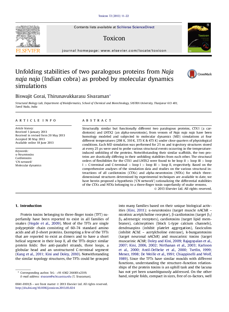 Unfolding stabilities of two paralogous proteins from Naja naja naja (Indian cobra) as probed by molecular dynamics simulations