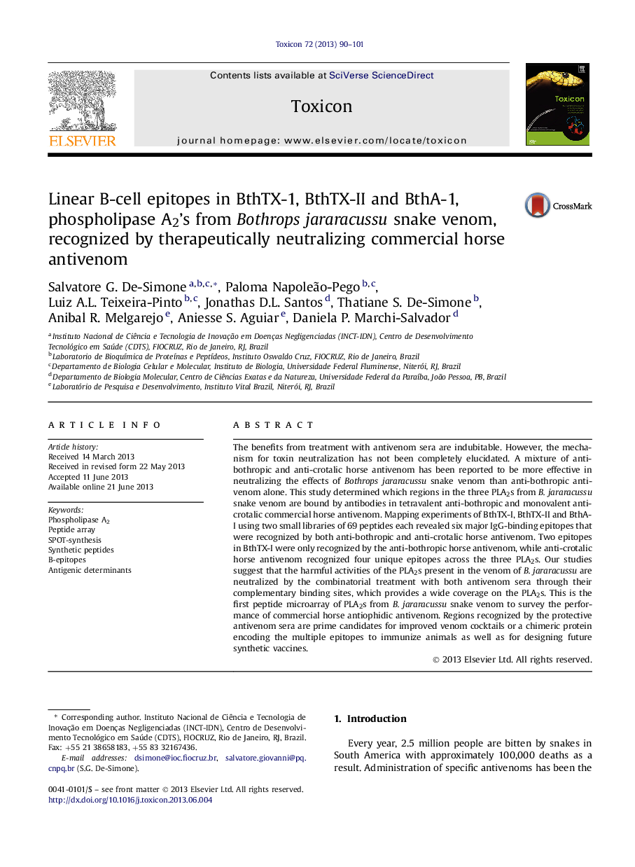 Linear B-cell epitopes in BthTX-1, BthTX-II and BthA-1, phospholipase A2's from Bothrops jararacussu snake venom, recognized by therapeutically neutralizing commercial horse antivenom