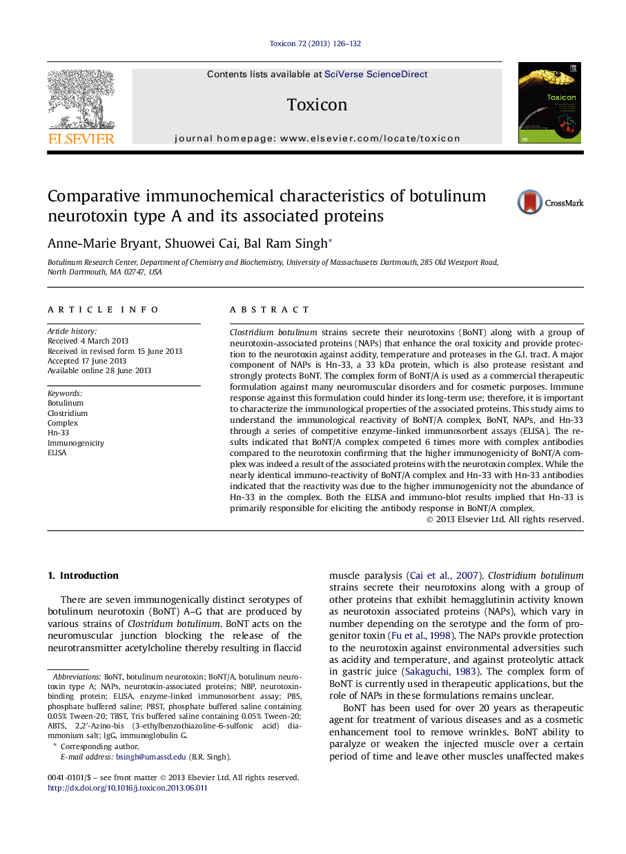 Comparative immunochemical characteristics of botulinum neurotoxin type A and its associated proteins