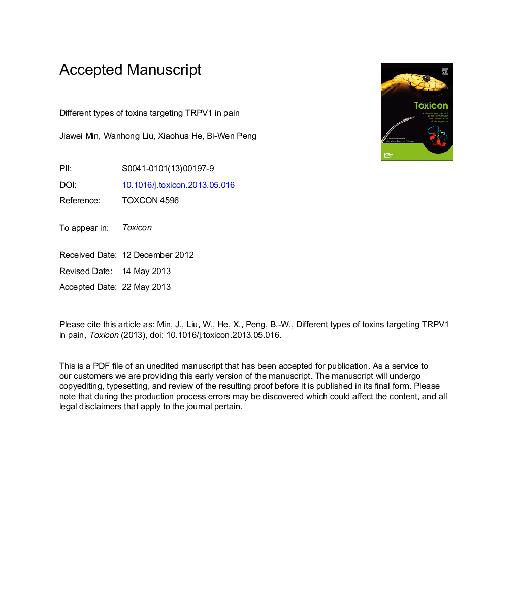 Different types of toxins targeting TRPV1 in pain