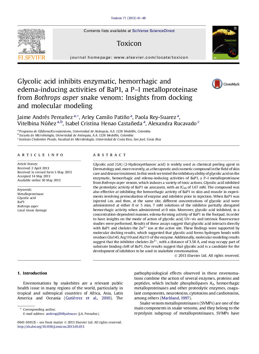 Glycolic acid inhibits enzymatic, hemorrhagic and edema-inducing activities of BaP1, a P-I metalloproteinase from Bothrops asper snake venom: Insights from docking and molecular modeling