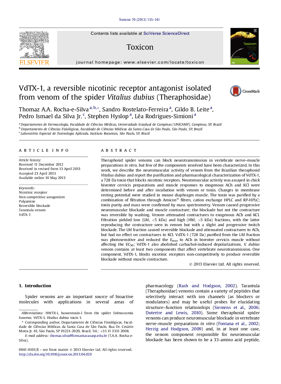 VdTX-1, a reversible nicotinic receptor antagonist isolated from venom of the spider Vitalius dubius (Theraphosidae)