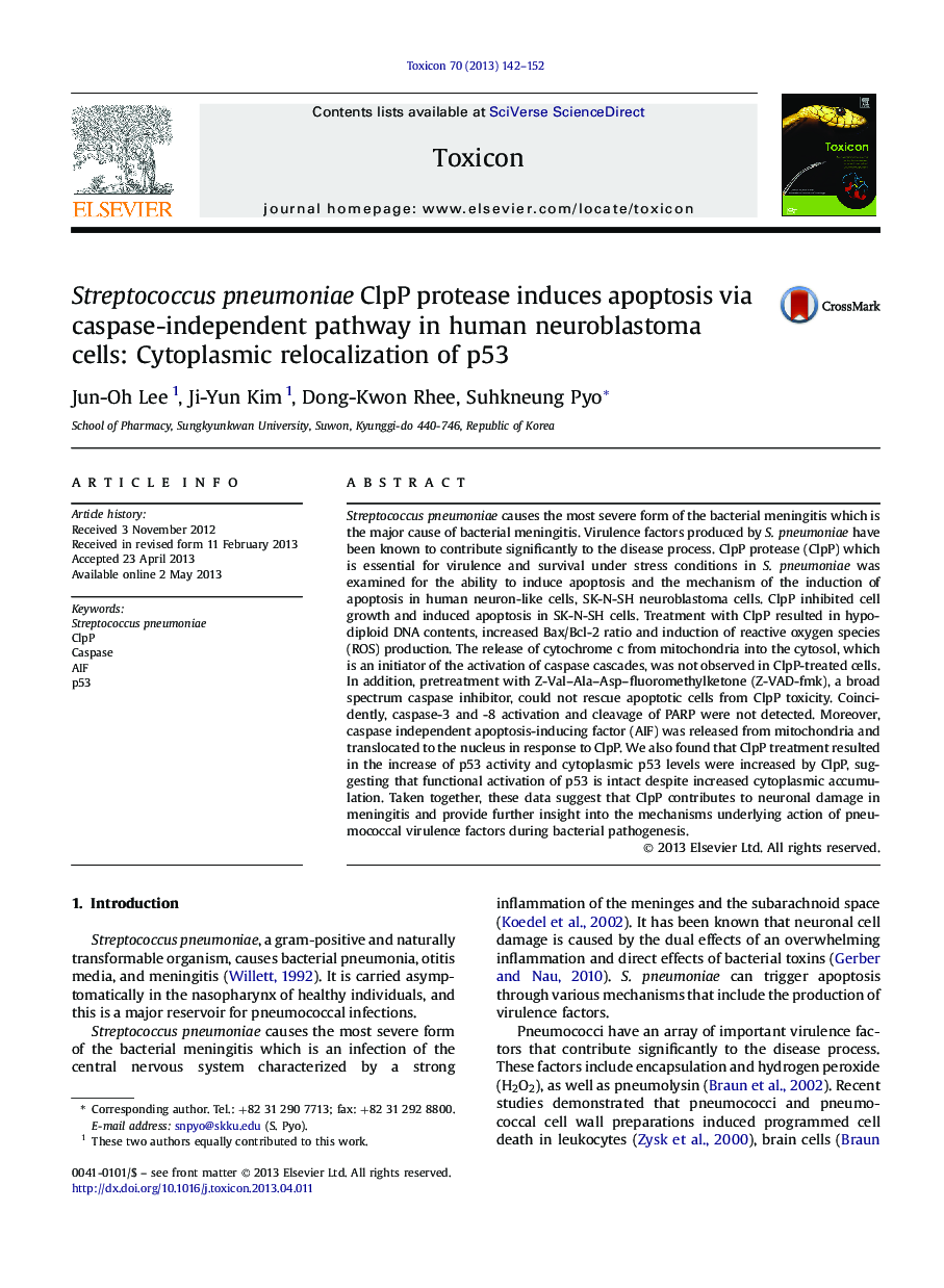 Streptococcus pneumoniae ClpP protease induces apoptosis via caspase-independent pathway in human neuroblastoma cells: Cytoplasmic relocalization of p53