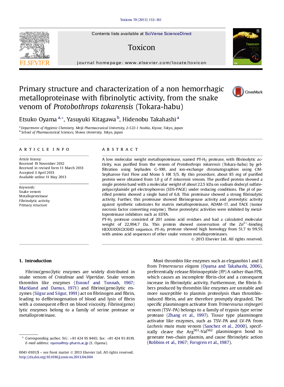 Primary structure and characterization of a non hemorrhagic metalloproteinase with fibrinolytic activity, from the snake venom of Protobothrops tokarensis (Tokara-habu)