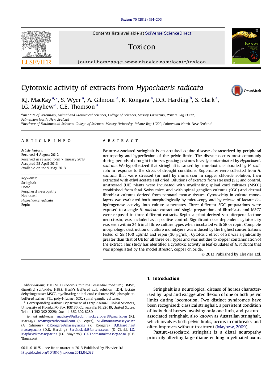 Cytotoxic activity of extracts from Hypochaeris radicata