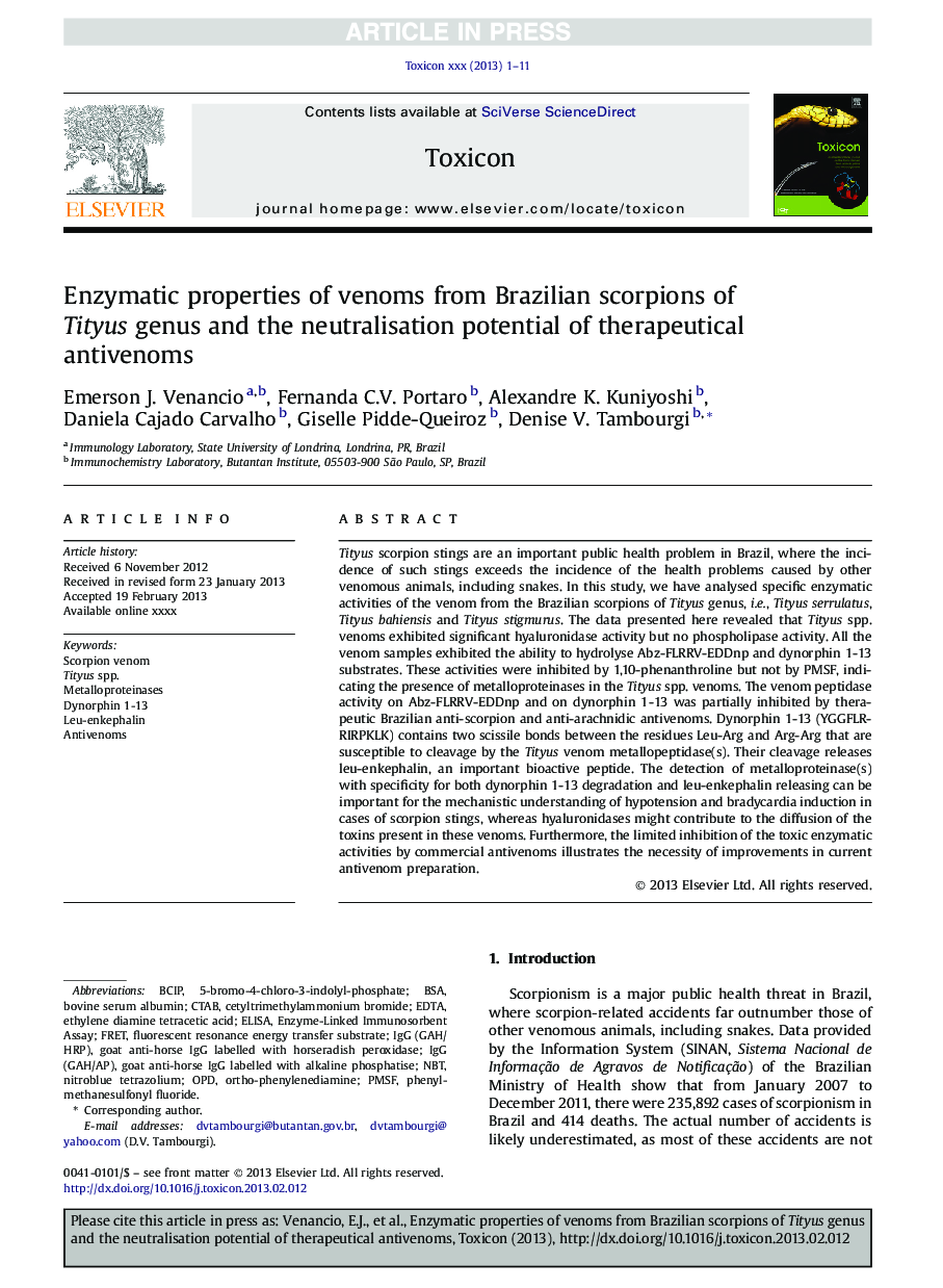 Enzymatic properties of venoms from Brazilian scorpions of Tityus genus and the neutralisation potential of therapeutical antivenoms