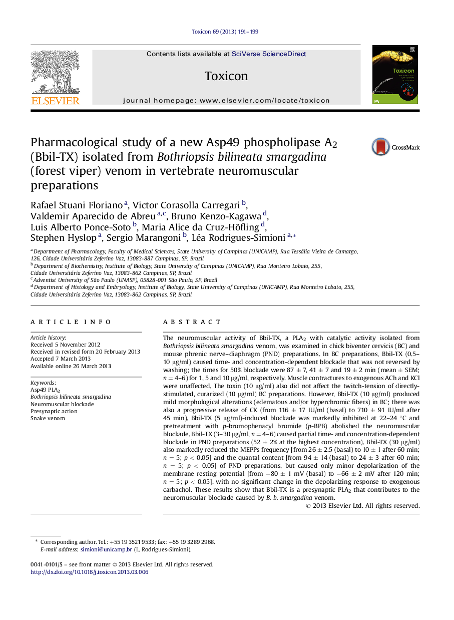 Pharmacological study of a new Asp49 phospholipase A2 (Bbil-TX) isolated from Bothriopsis bilineata smargadina (forest viper) venom in vertebrate neuromuscular preparations