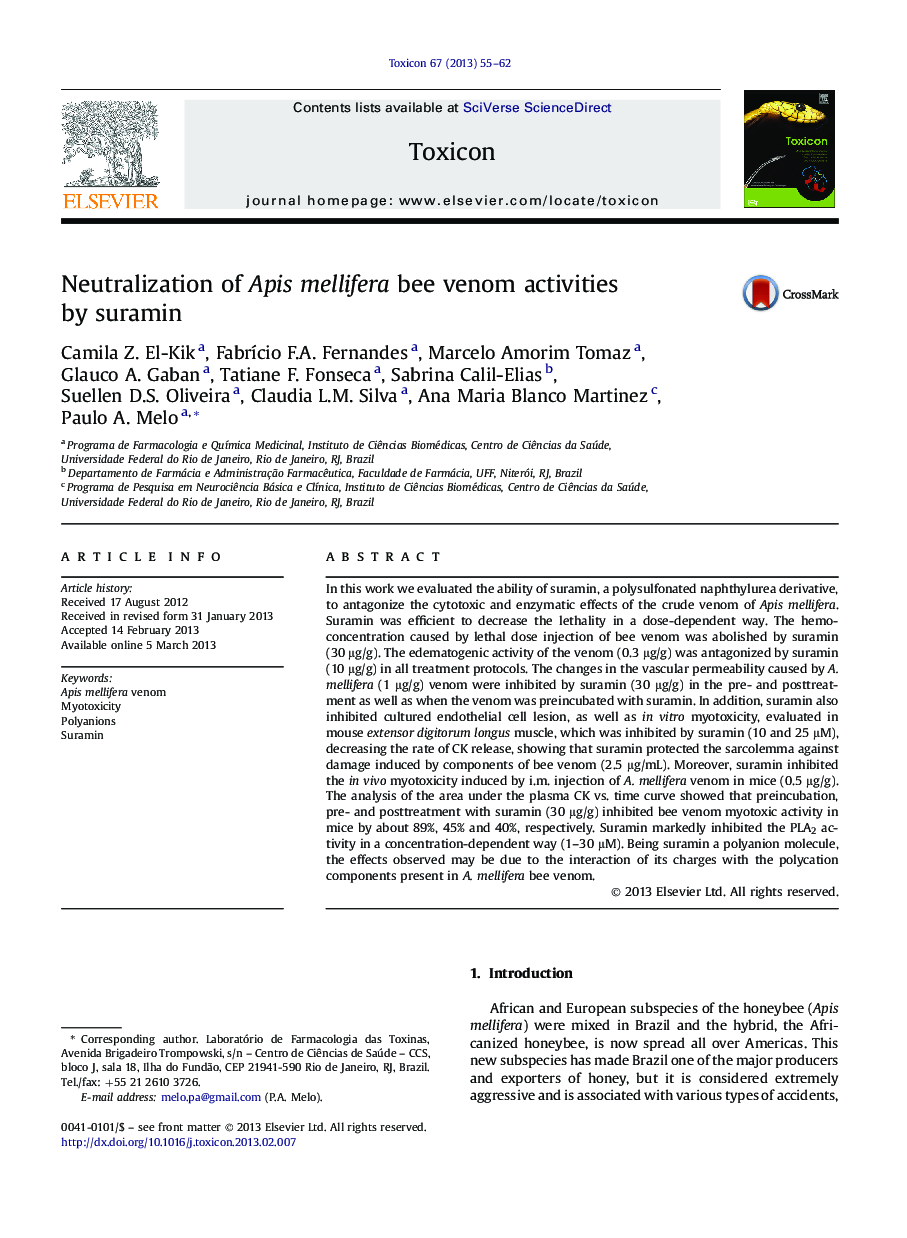 Neutralization of Apis mellifera bee venom activities by suramin