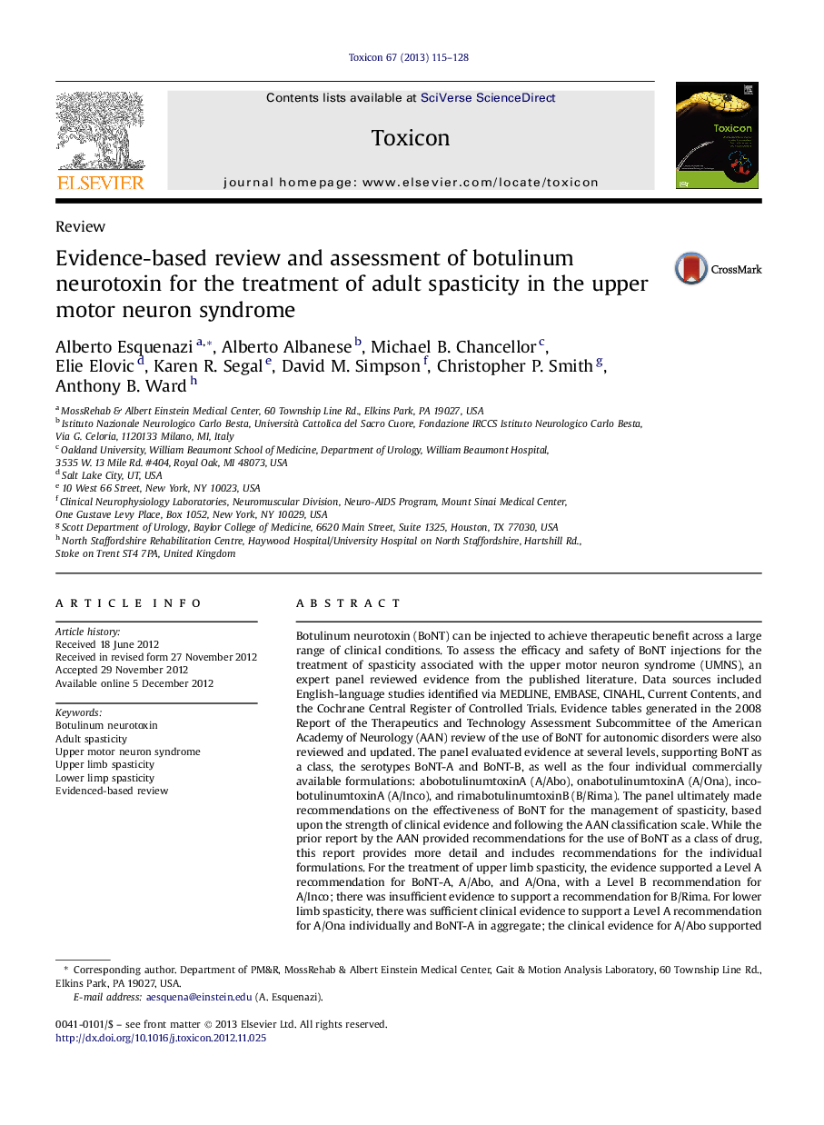 Evidence-based review and assessment of botulinum neurotoxin for the treatment of adult spasticity in the upper motor neuron syndrome