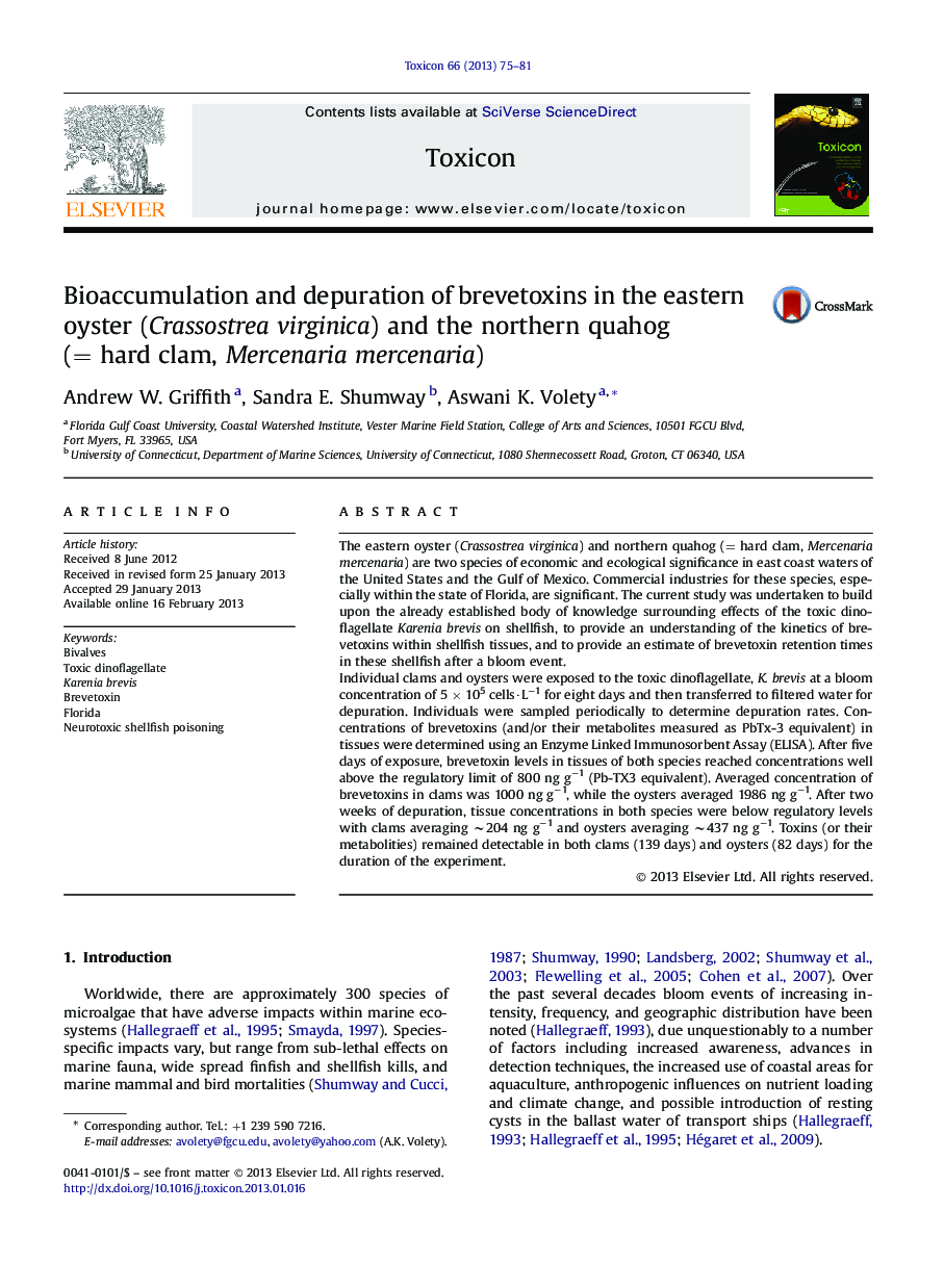 Bioaccumulation and depuration of brevetoxins in the eastern oyster (Crassostrea virginica) and the northern quahog (=Â hard clam, Mercenaria mercenaria)