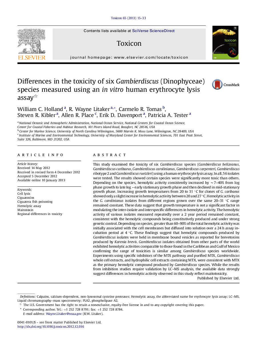 Differences in the toxicity of six Gambierdiscus (Dinophyceae) species measured using an inÂ vitro human erythrocyte lysis assay