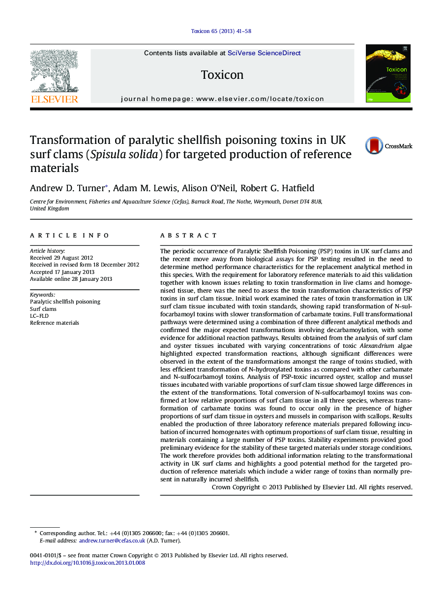 Transformation of paralytic shellfish poisoning toxins in UK surf clams (Spisula solida) for targeted production of reference materials