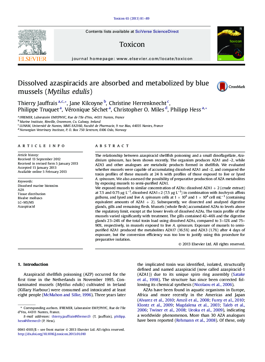 Dissolved azaspiracids are absorbed and metabolized by blue mussels (Mytilus edulis)