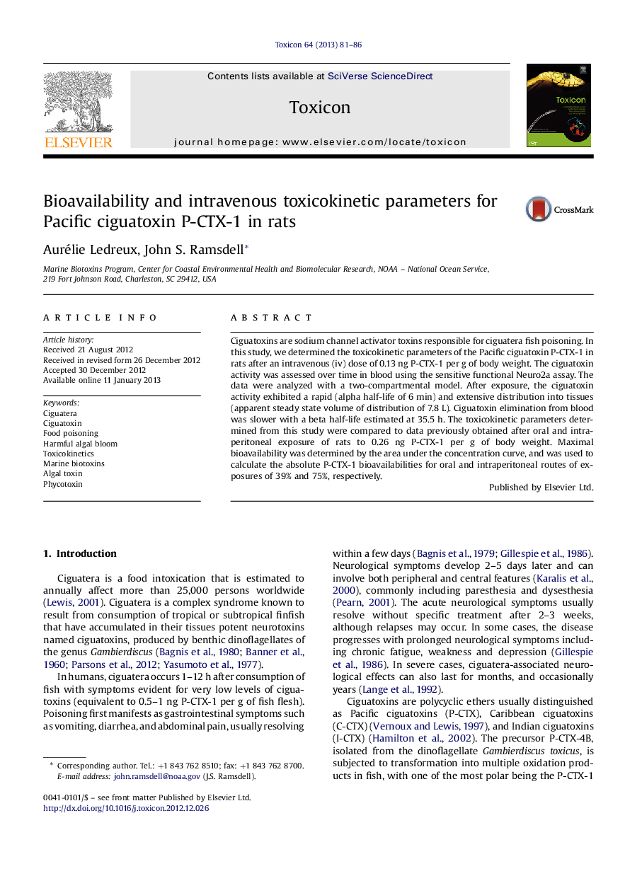 Bioavailability and intravenous toxicokinetic parameters for Pacific ciguatoxin P-CTX-1 in rats