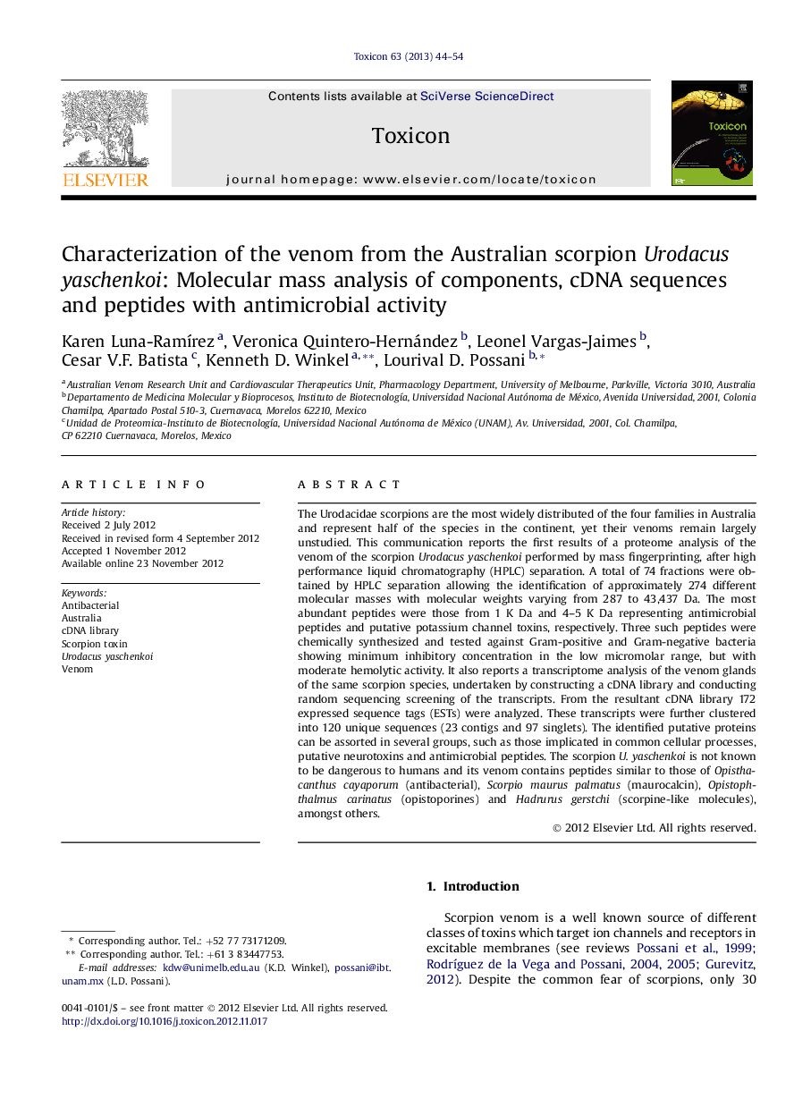 Characterization of the venom from the Australian scorpion Urodacus yaschenkoi: Molecular mass analysis of components, cDNA sequences and peptides with antimicrobial activity