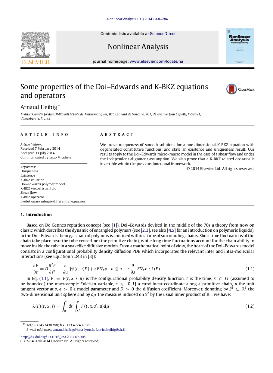 Some properties of the Doi–Edwards and K-BKZ equations and operators