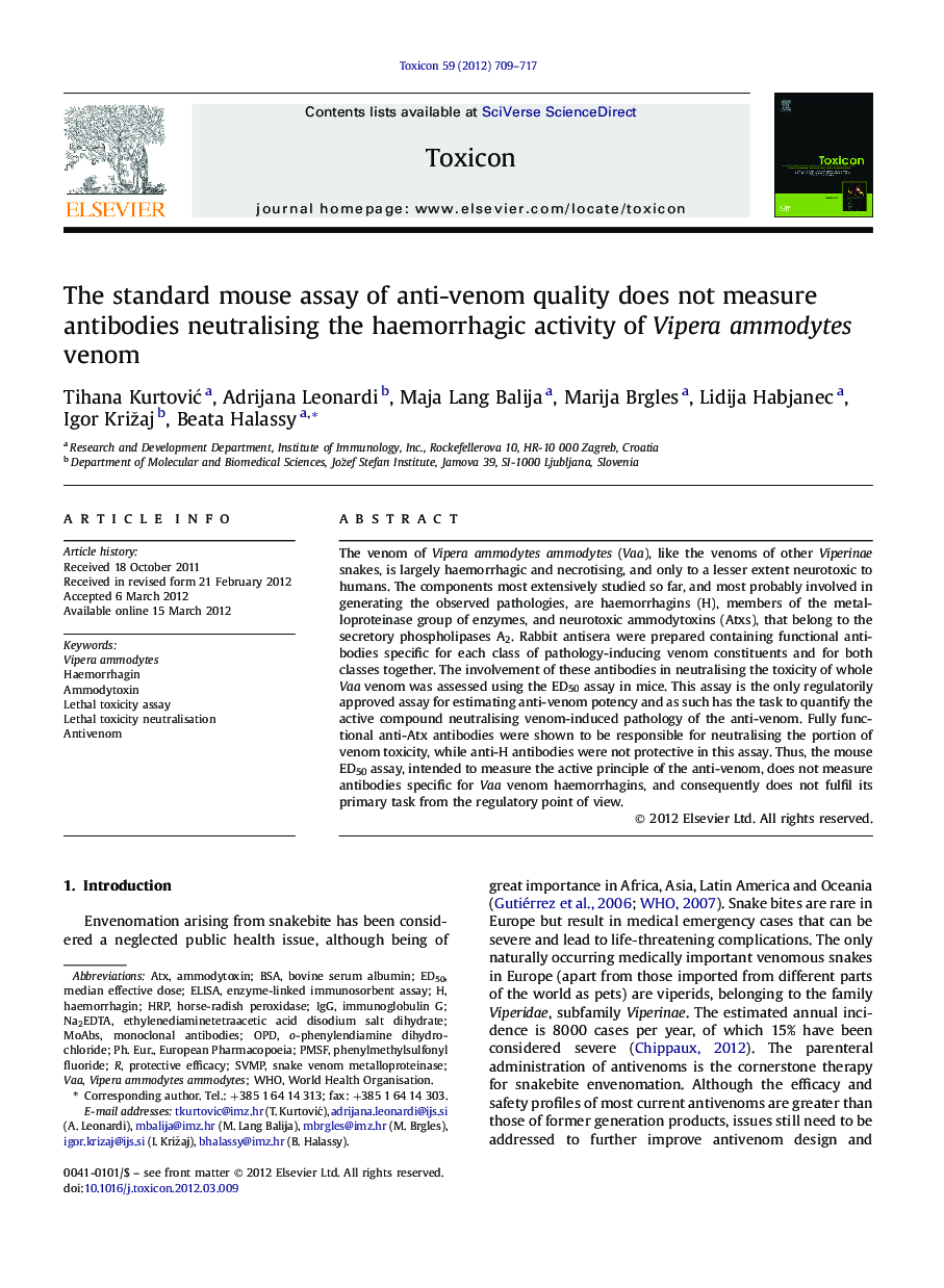 The standard mouse assay of anti-venom quality does not measure antibodies neutralising the haemorrhagic activity of Vipera ammodytes venom