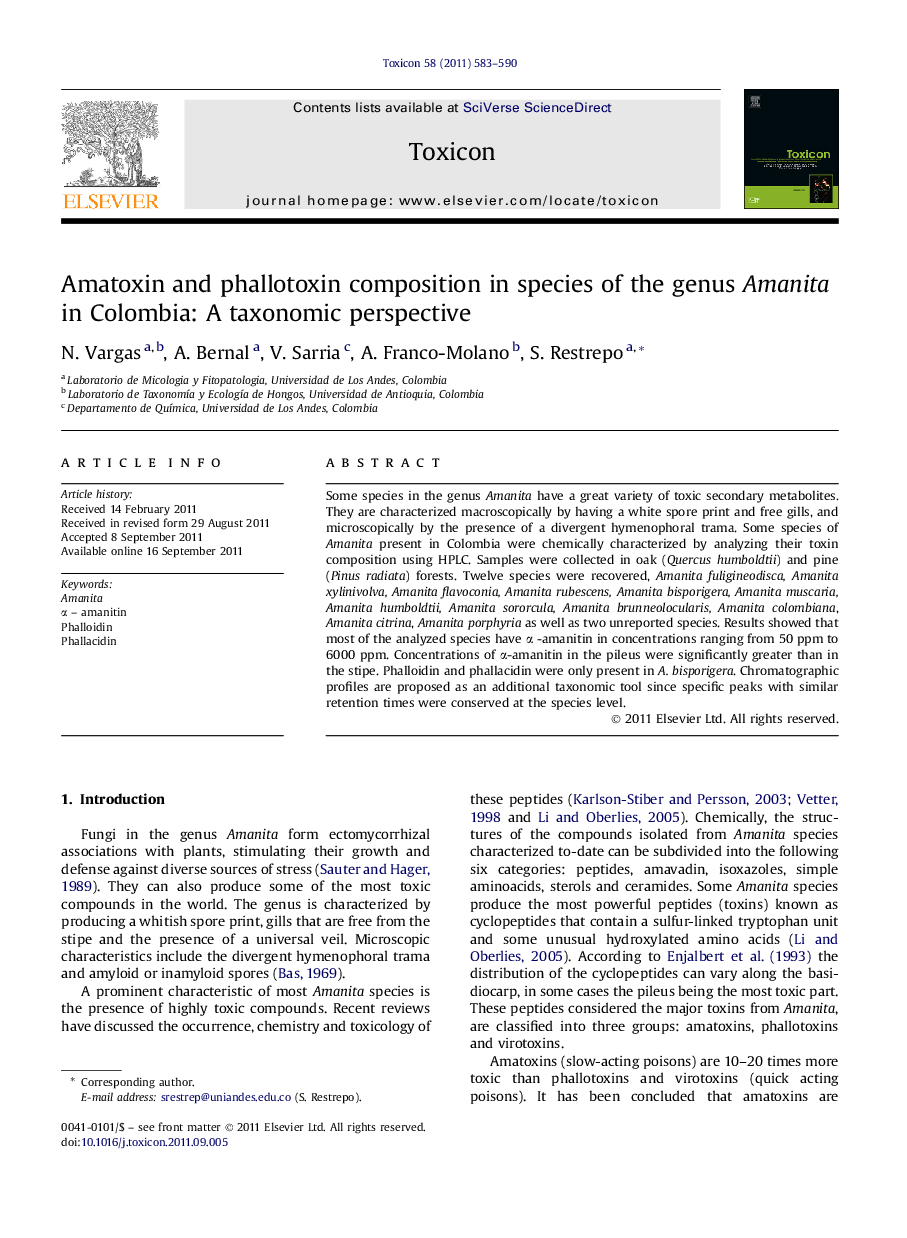 Amatoxin and phallotoxin composition in species of the genus Amanita in Colombia: A taxonomic perspective