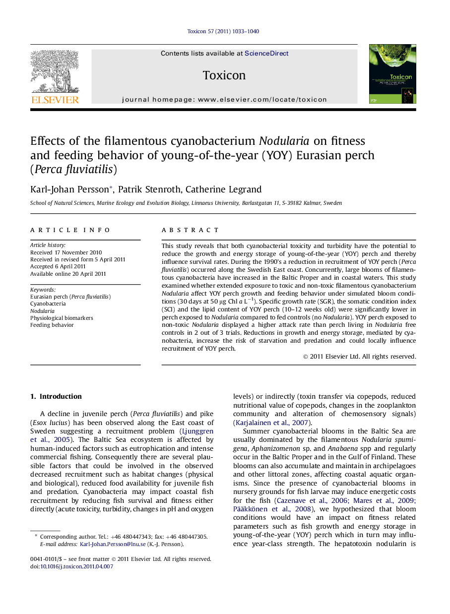 Effects of the filamentous cyanobacterium Nodularia on fitness and feeding behavior of young-of-the-year (YOY) Eurasian perch (Perca fluviatilis)