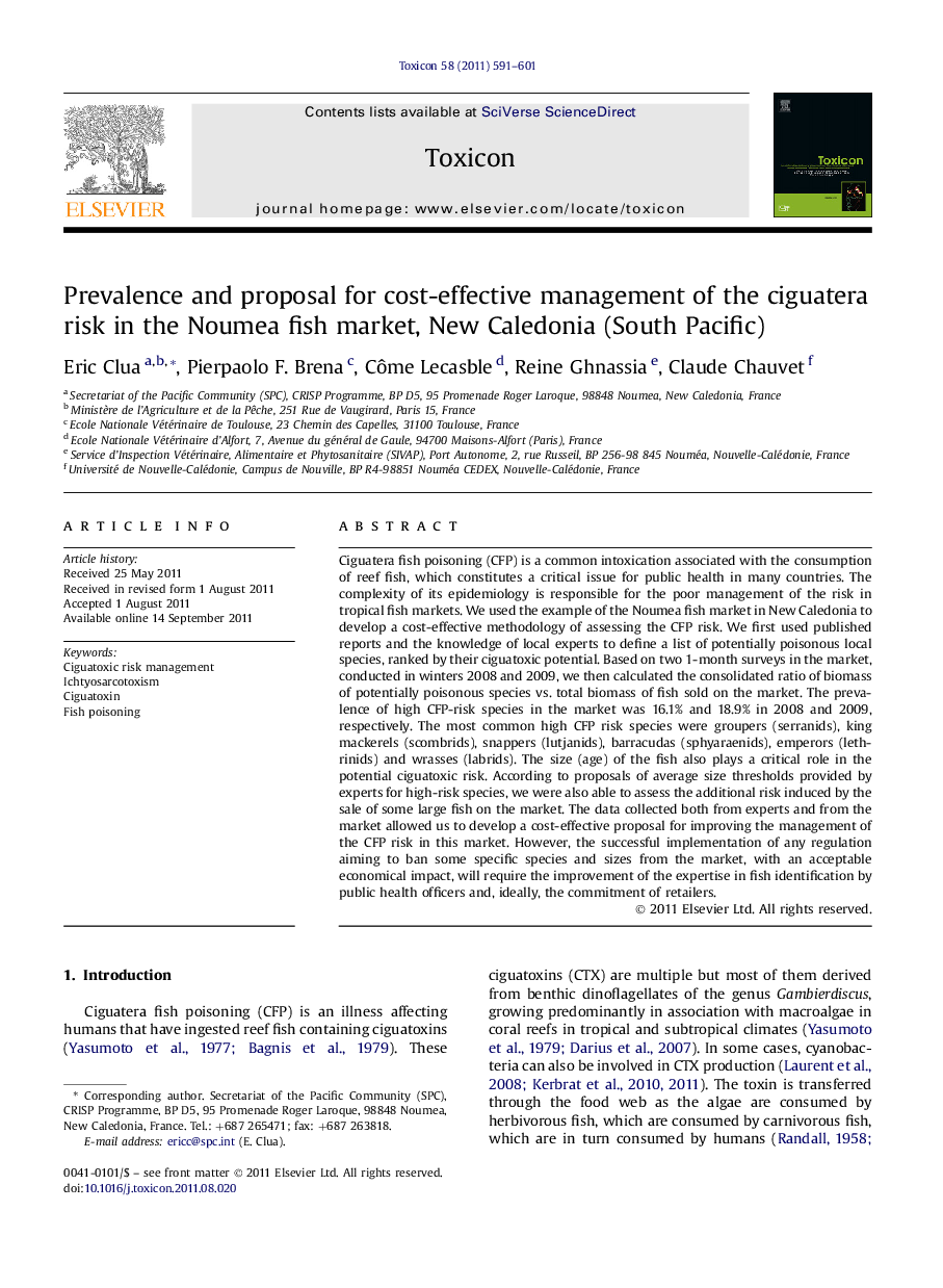 Prevalence and proposal for cost-effective management of the ciguatera risk in the Noumea fish market, New Caledonia (South Pacific)