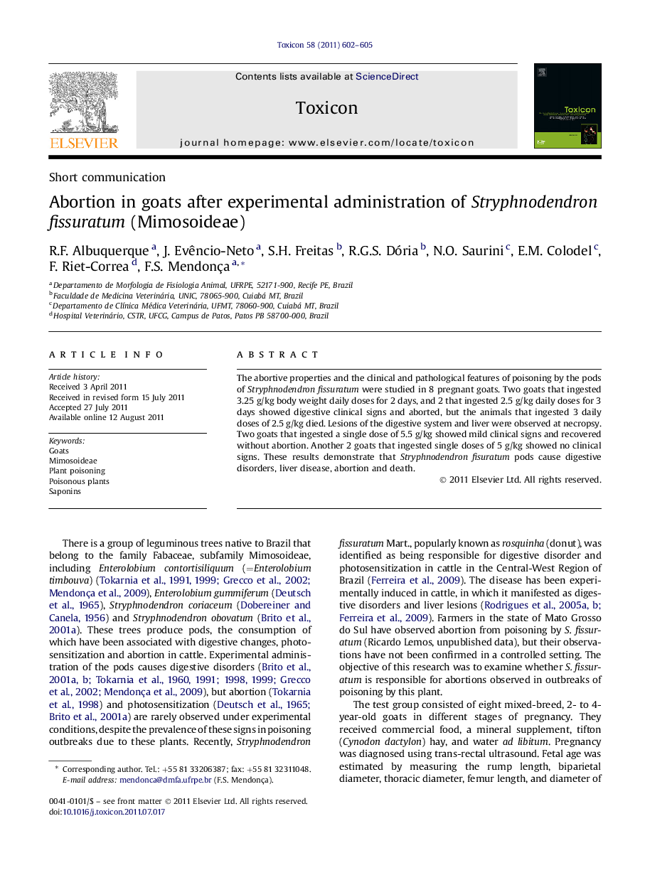 Abortion in goats after experimental administration of Stryphnodendron fissuratum (Mimosoideae)