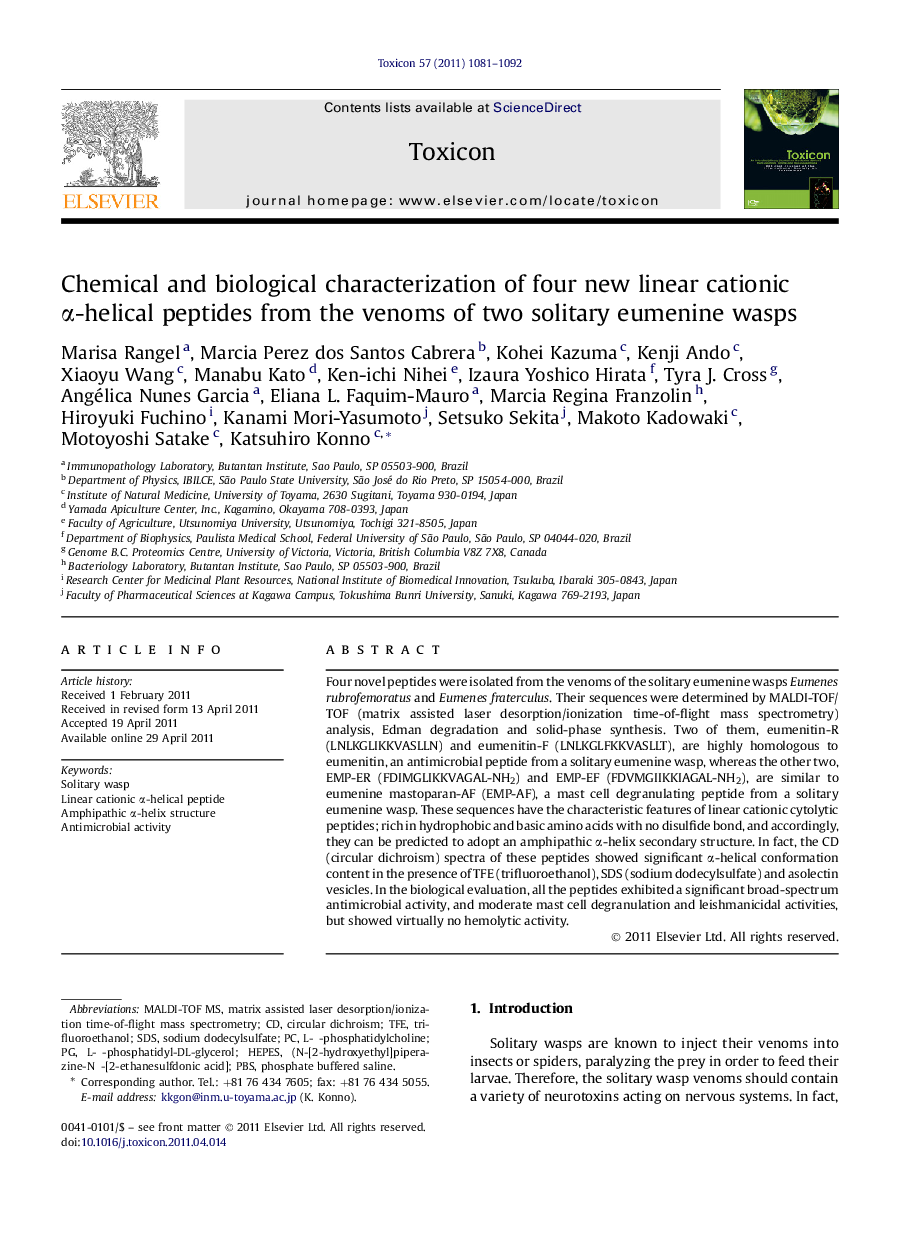 Chemical and biological characterization of four new linear cationic Î±-helical peptides from the venoms of two solitary eumenine wasps