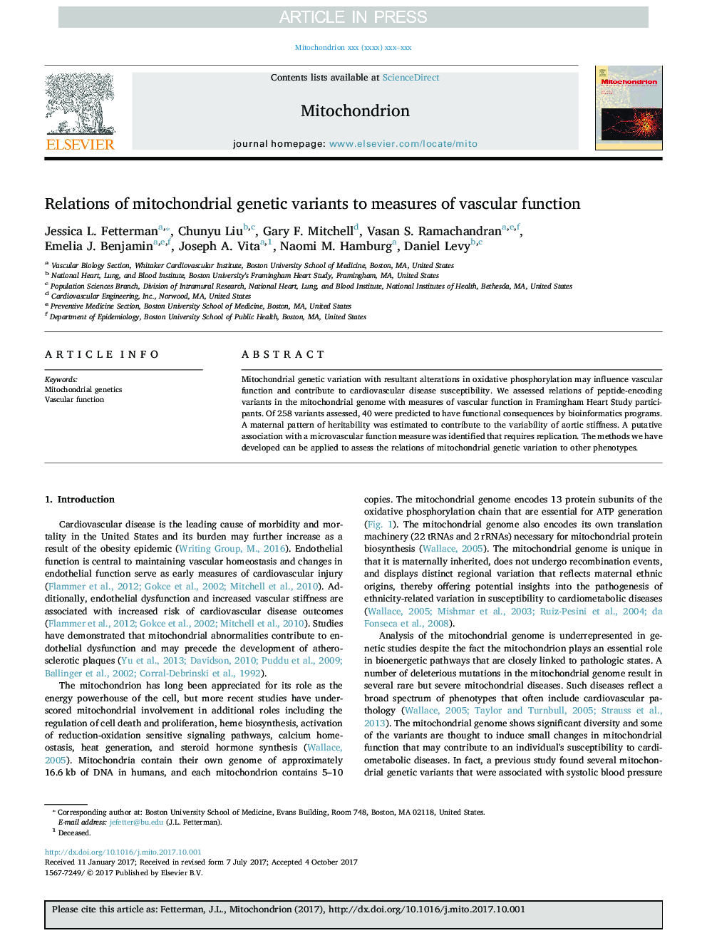 Relations of mitochondrial genetic variants to measures of vascular function