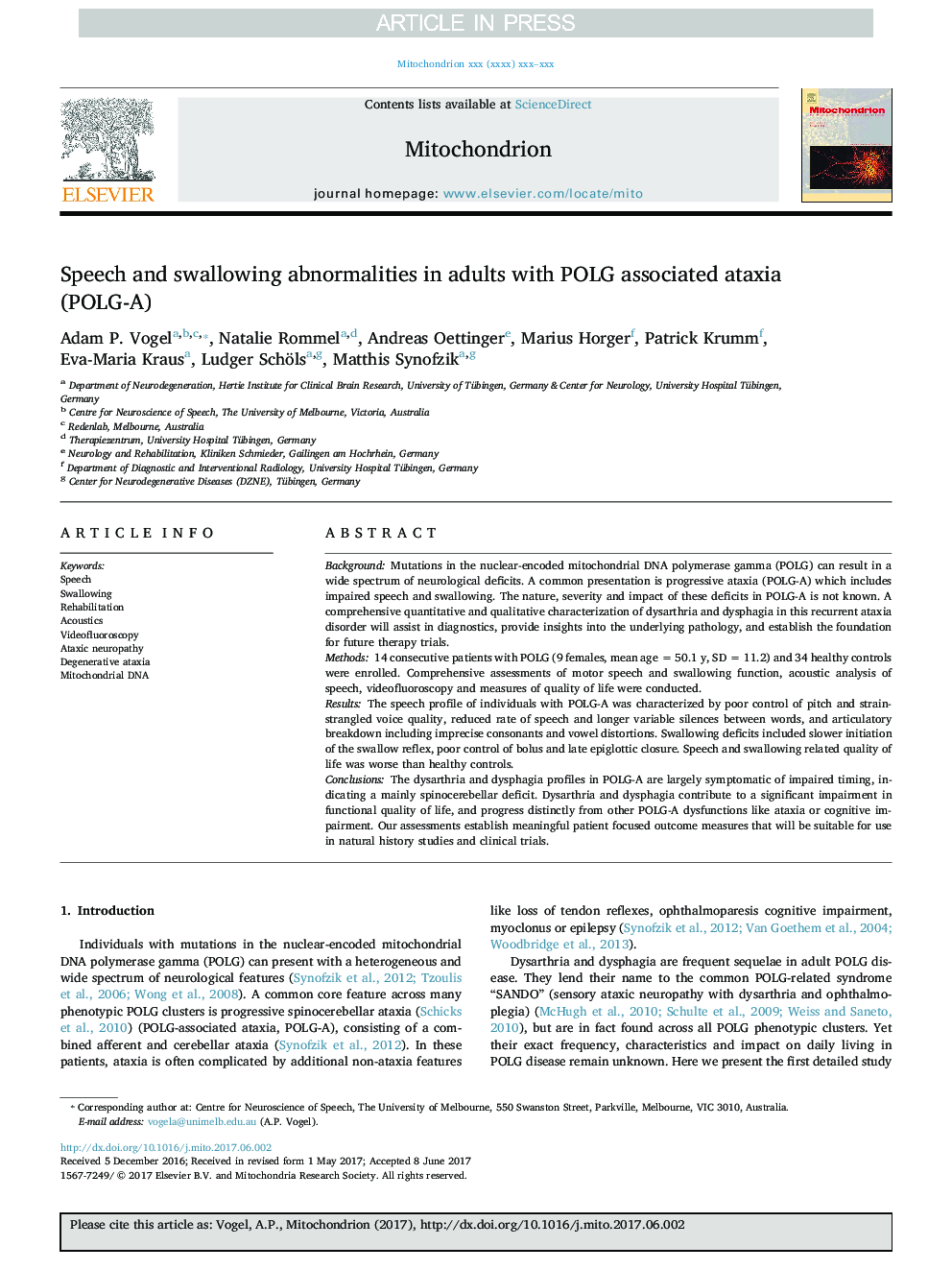 Speech and swallowing abnormalities in adults with POLG associated ataxia (POLG-A)