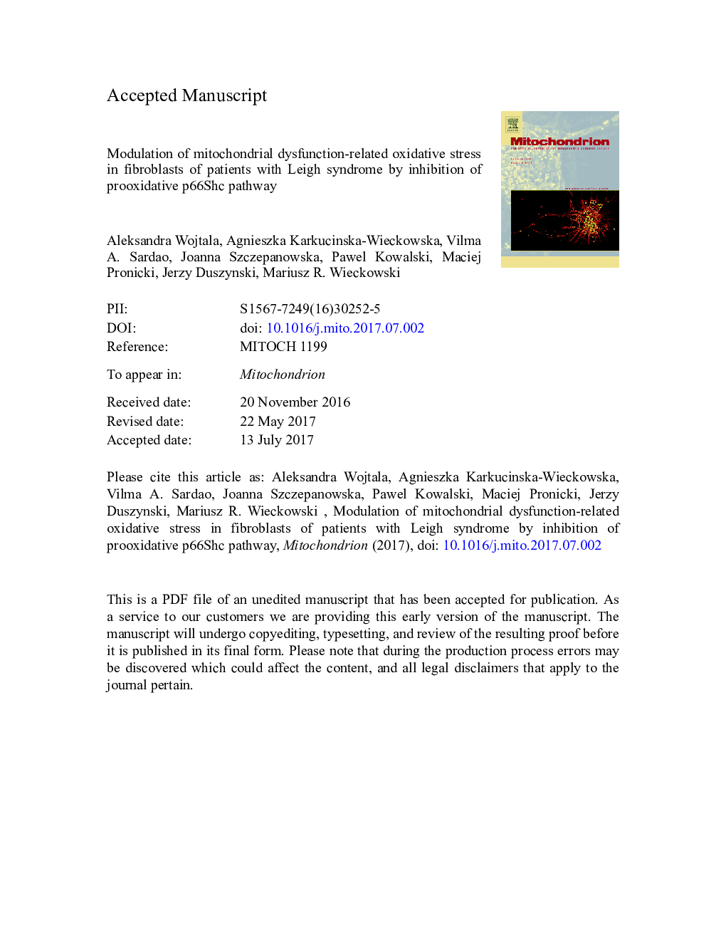 Modulation of mitochondrial dysfunction-related oxidative stress in fibroblasts of patients with Leigh syndrome by inhibition of prooxidative p66Shc pathway