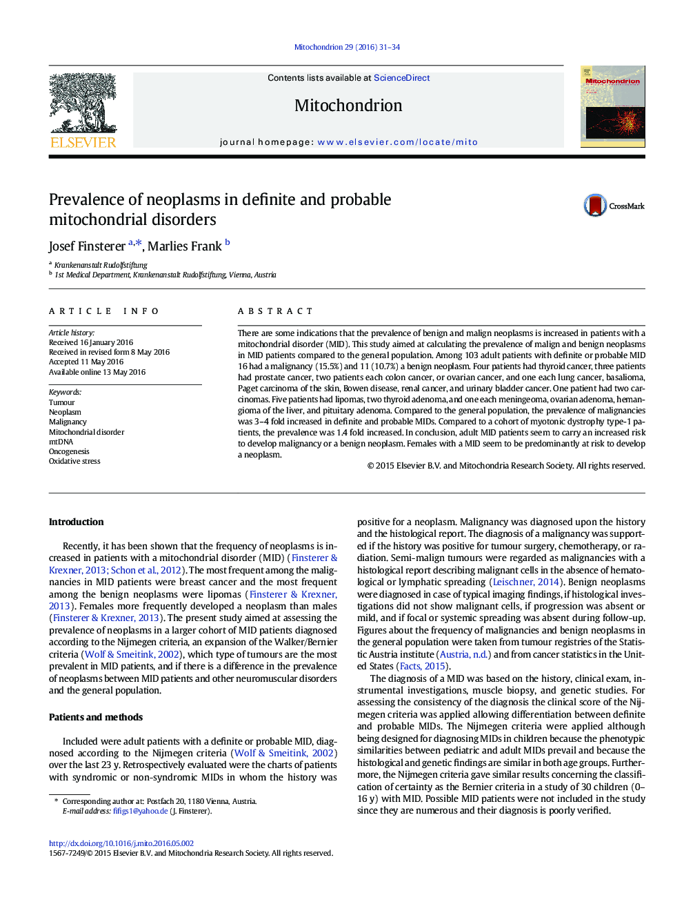 Prevalence of neoplasms in definite and probable mitochondrial disorders