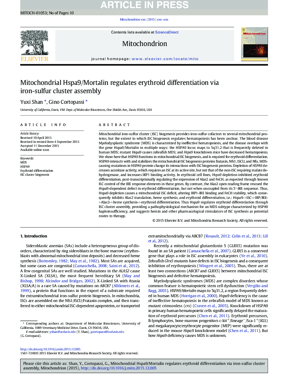 Mitochondrial Hspa9/Mortalin regulates erythroid differentiation via iron-sulfur cluster assembly