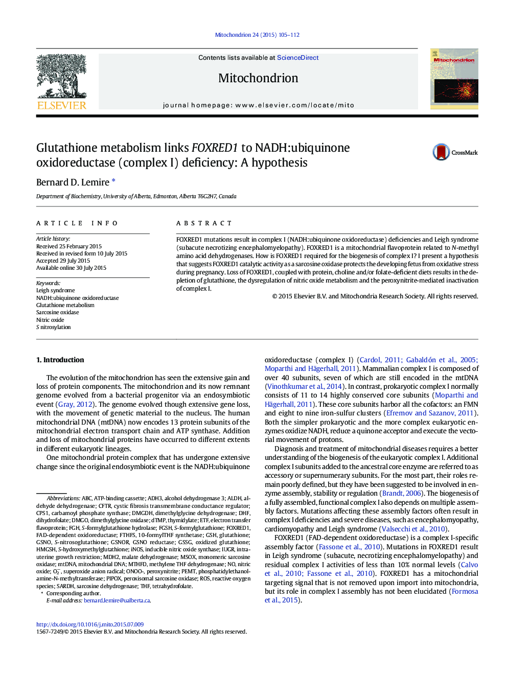 Glutathione metabolism links FOXRED1 to NADH:ubiquinone oxidoreductase (complex I) deficiency: A hypothesis