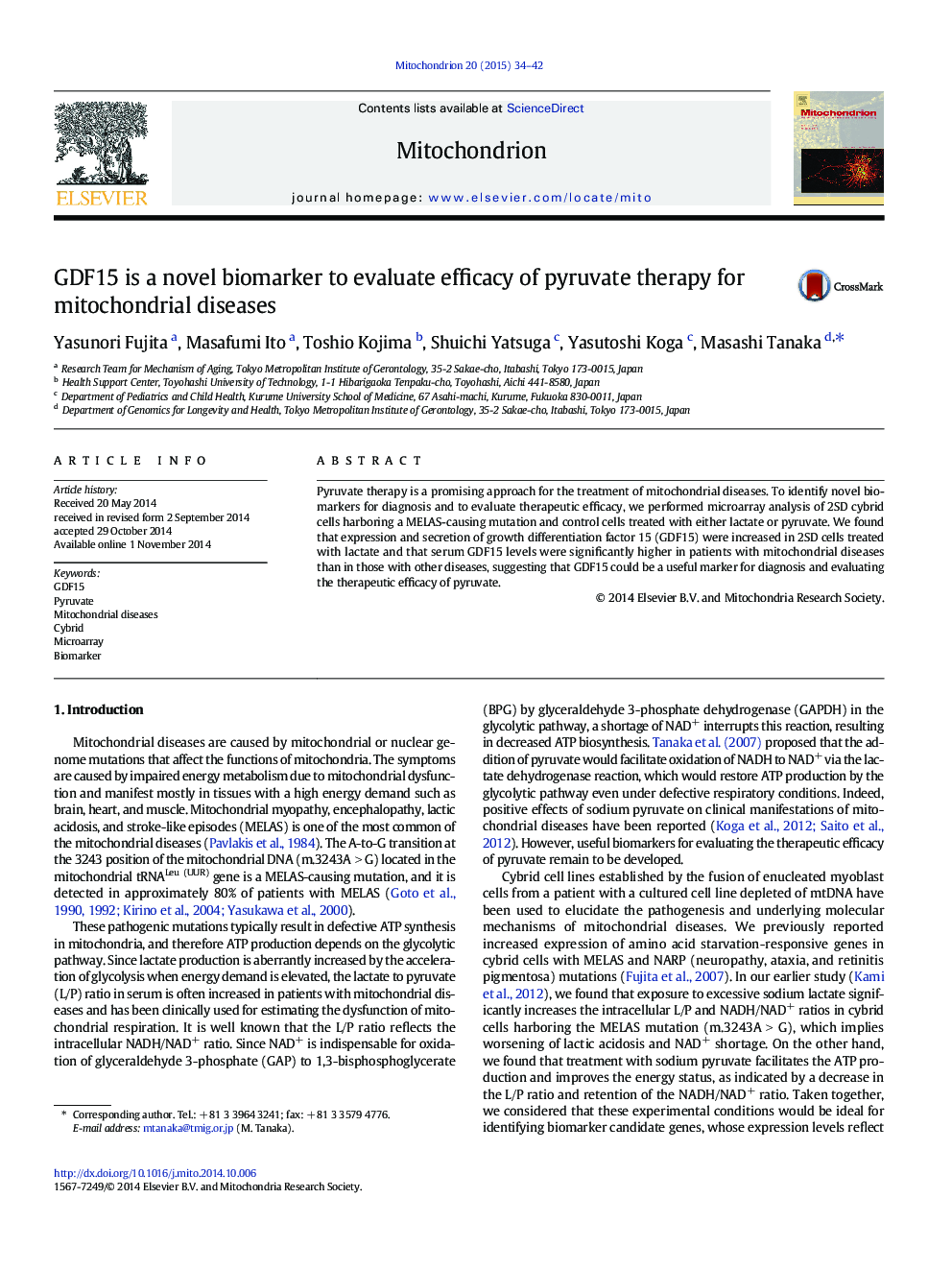 GDF15 is a novel biomarker to evaluate efficacy of pyruvate therapy for mitochondrial diseases