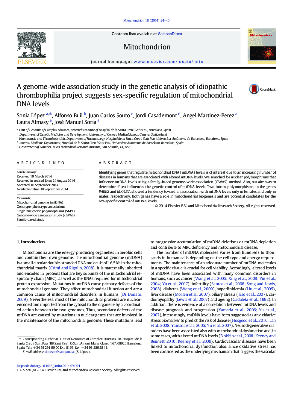 A genome-wide association study in the genetic analysis of idiopathic thrombophilia project suggests sex-specific regulation of mitochondrial DNA levels
